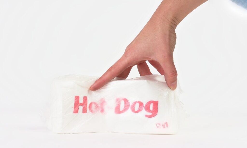 Torebki hot dog trzymane w dloni